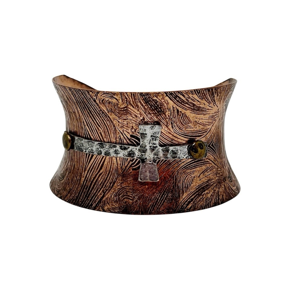 Copper Cuff Bracelet Riveted Silver Cross Textured Patina Mixed Metal - Picture 4 of 6